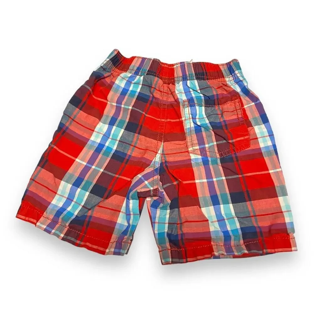 OshKosh Boys Shorts Sz 3T Red Blue White Plaid Elastic Waist